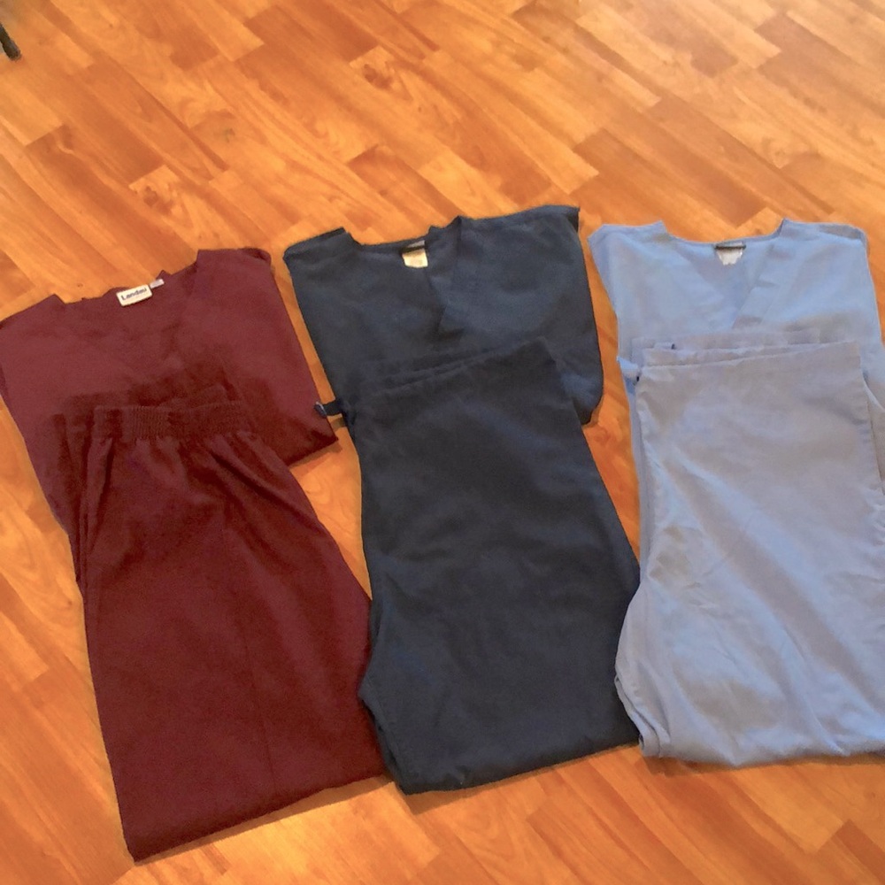 LANDAU & (2) CHEROKEE sz L 6 maroon navy blue & blue medical scrubs tops & pants